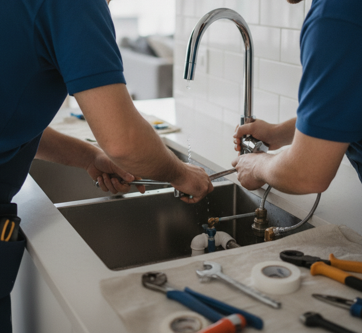 Create a realistic, professional service-business photograph showing Faucet Repair from behind, with the backs of their heads visible. Do not show any faces, facial features, front-facing views or side views, profiles, or identifiable peopl
