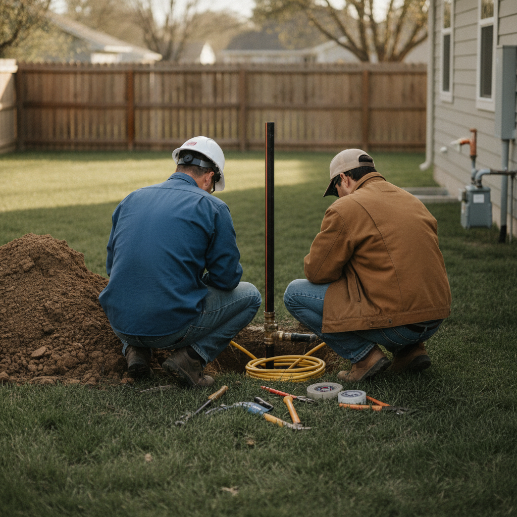Create a realistic, professional service-business photograph showing Gas Line Repair from behind, with the backs of their heads visible. Do not show any faces, facial features, front-facing views or side views, profiles, or identifiable peo